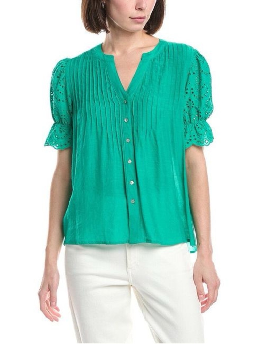 Nanette Lepore Teal Pintuck Eyelet Puff-Sleeve Blouse M
